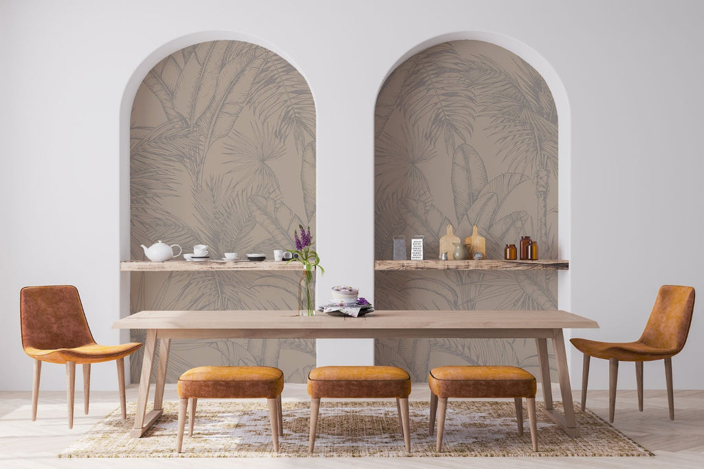 Tropics Botanical Wallpaper in a dining room, in a concave niche in the wall
