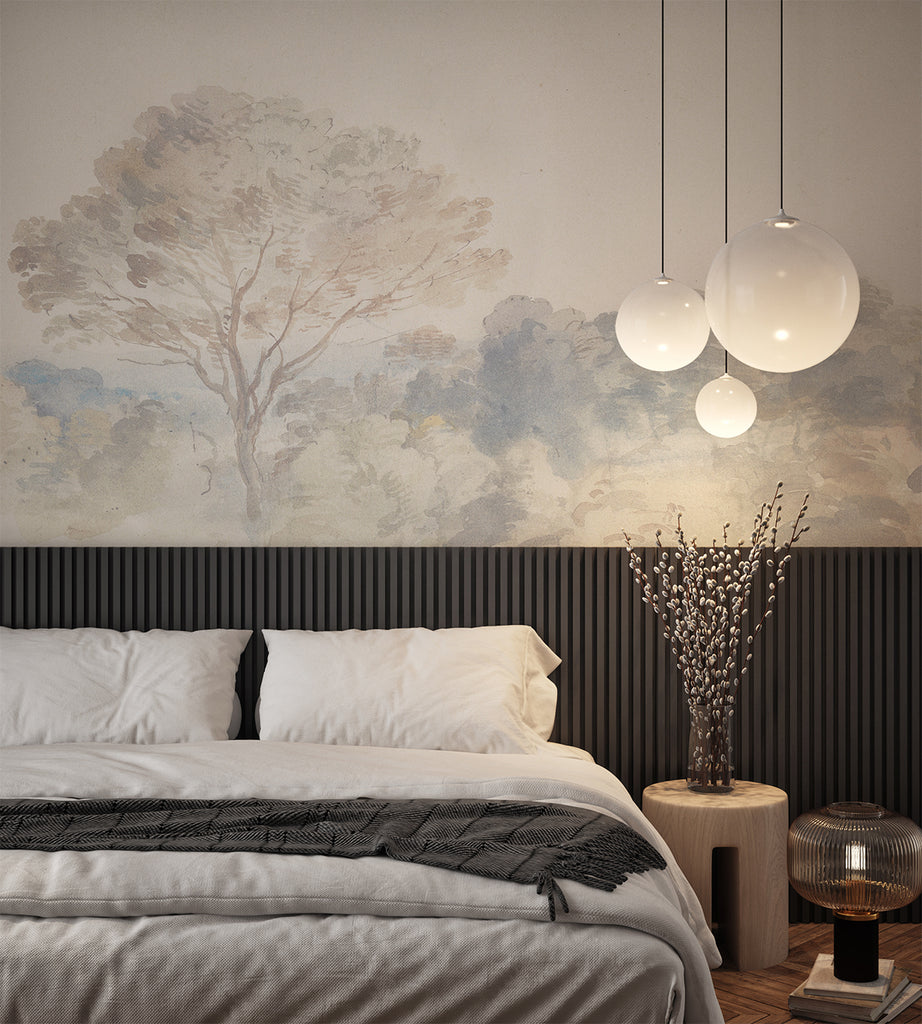 An Old World Arboretum, Watercolour Mural Wallpaper in Vintage in master bedroom