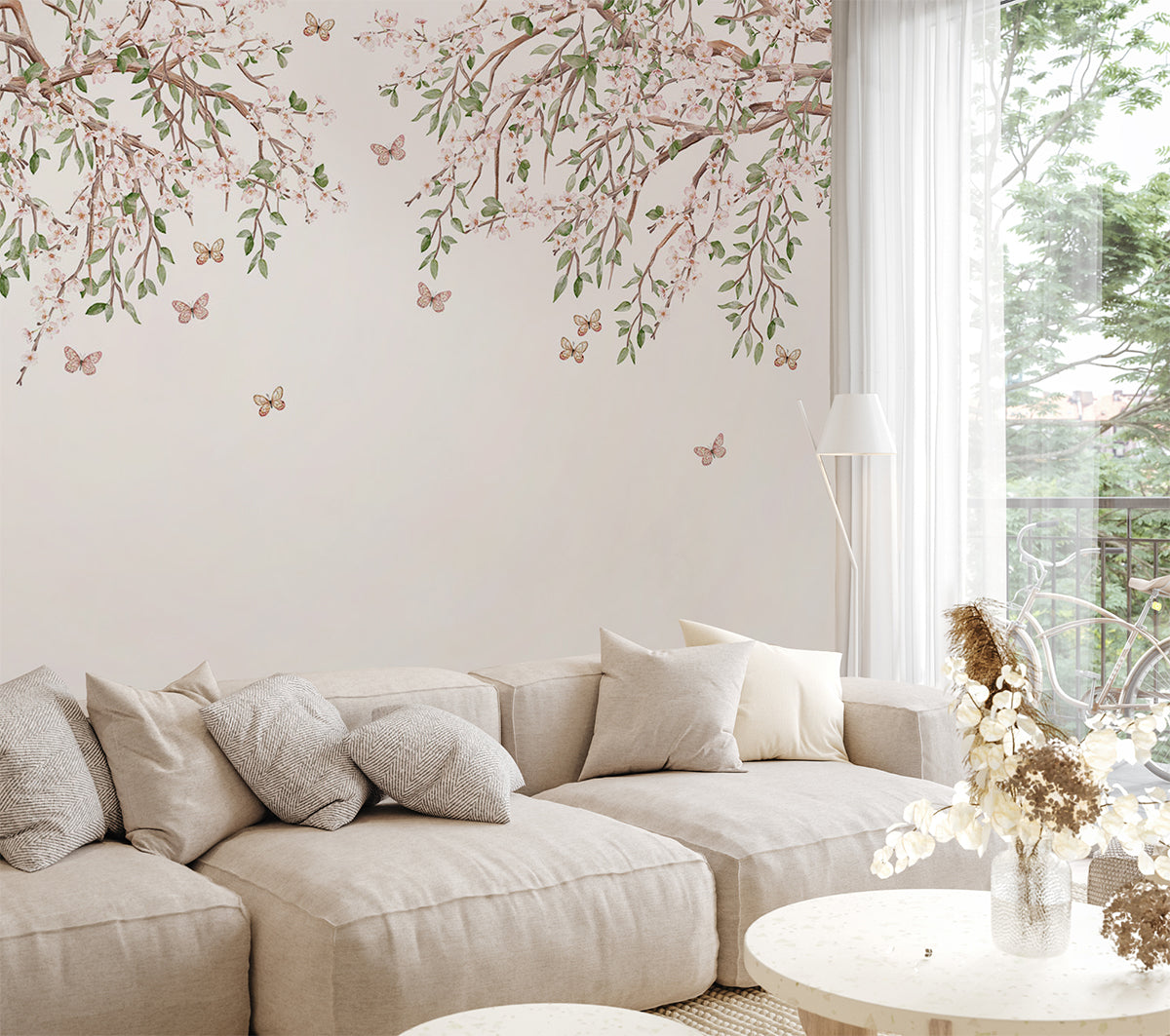 Full in Bloom, Floral Mural Wallpaper in living room with white sofa and modern furniture