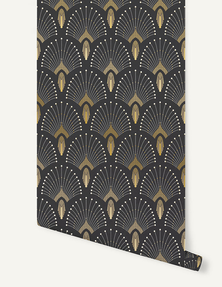 1920s Fan, Geometric Wallpaper in Black Close Up