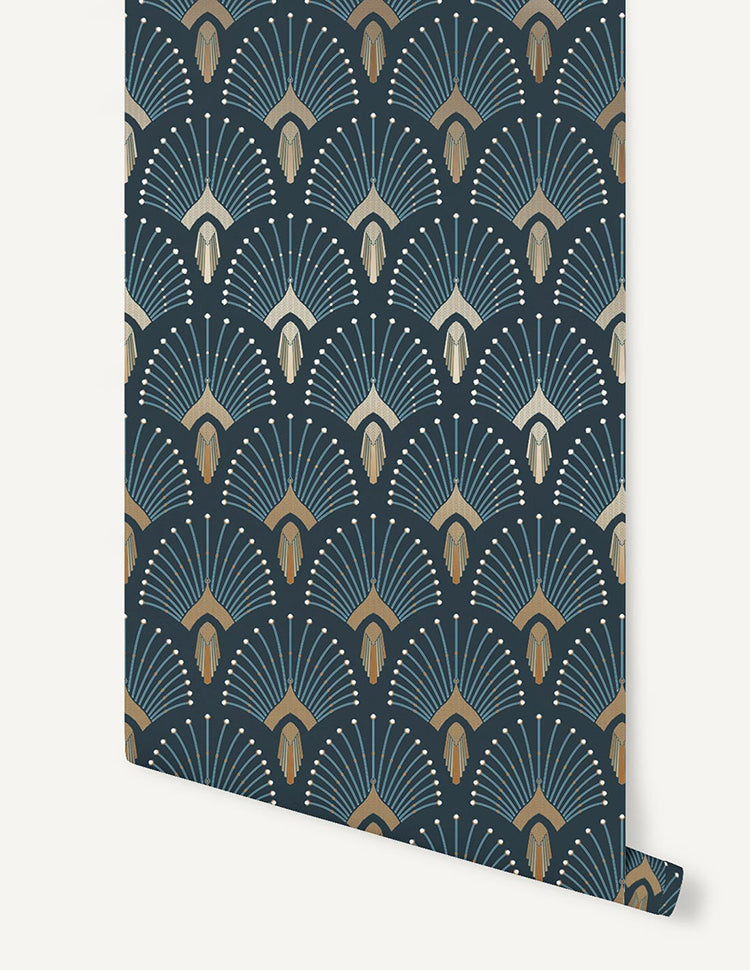 1920s Fan, Geometric Wallpaper in Dark Blue Close Up