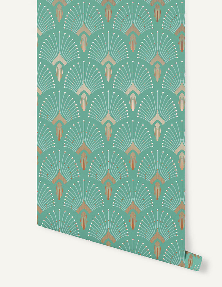 1920s Fan, Geometric Wallpaper in Emerald Green Close Up