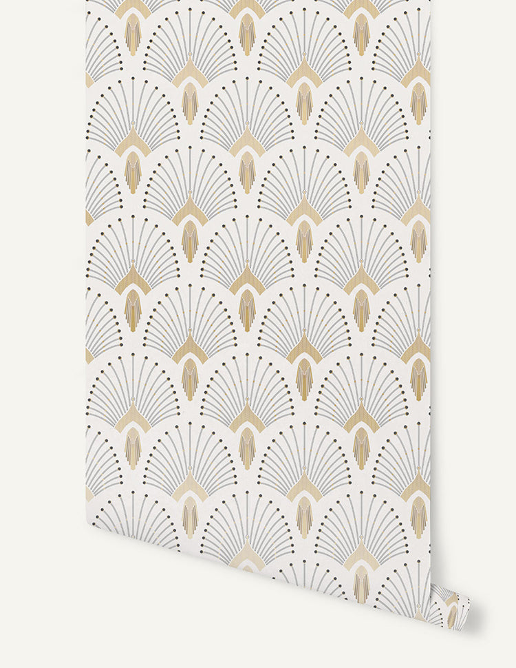 1920s Fan, Geometric Wallpaper in White Close Up