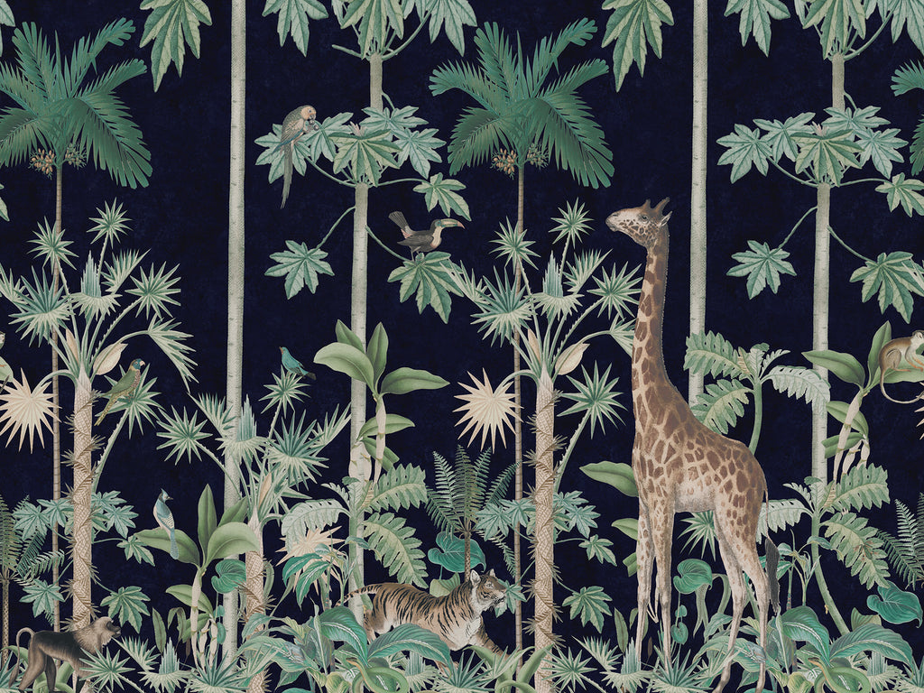 A Walk in the Jungle, Mural Wallpaper in dark blue colourway closeup