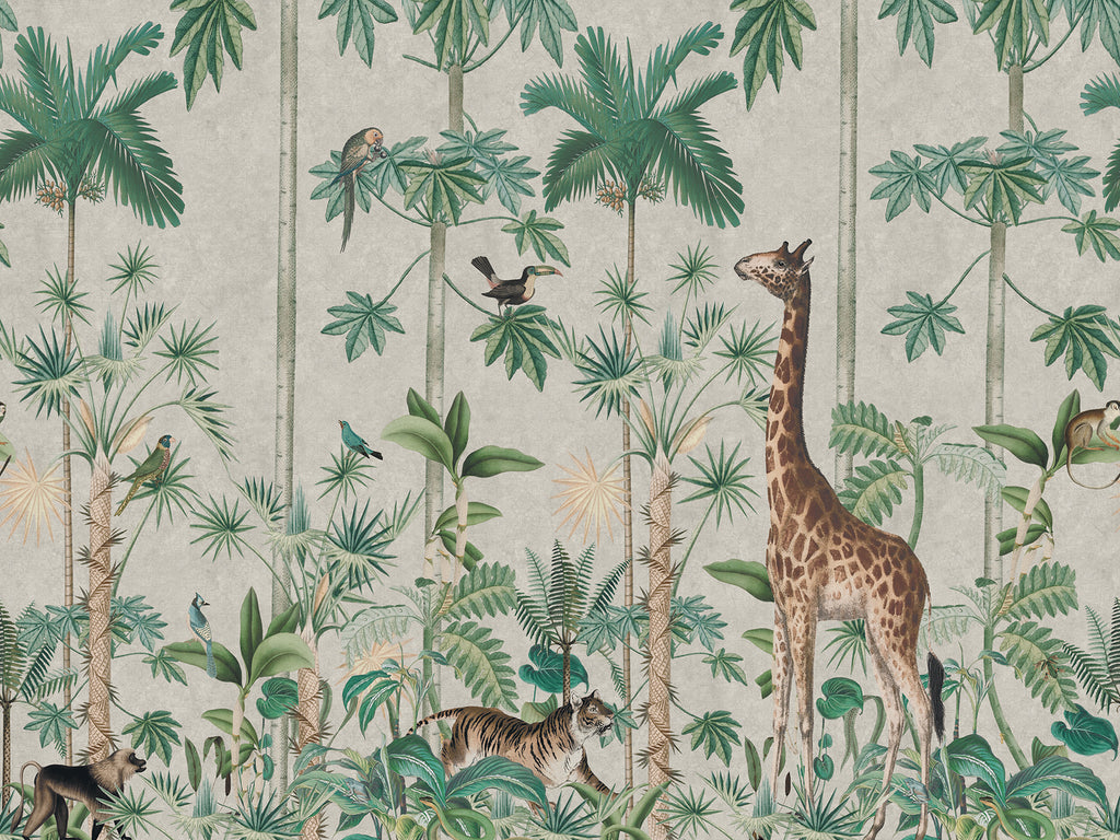 A Walk in the Jungle, Mural Wallpaper in white colourway closeup