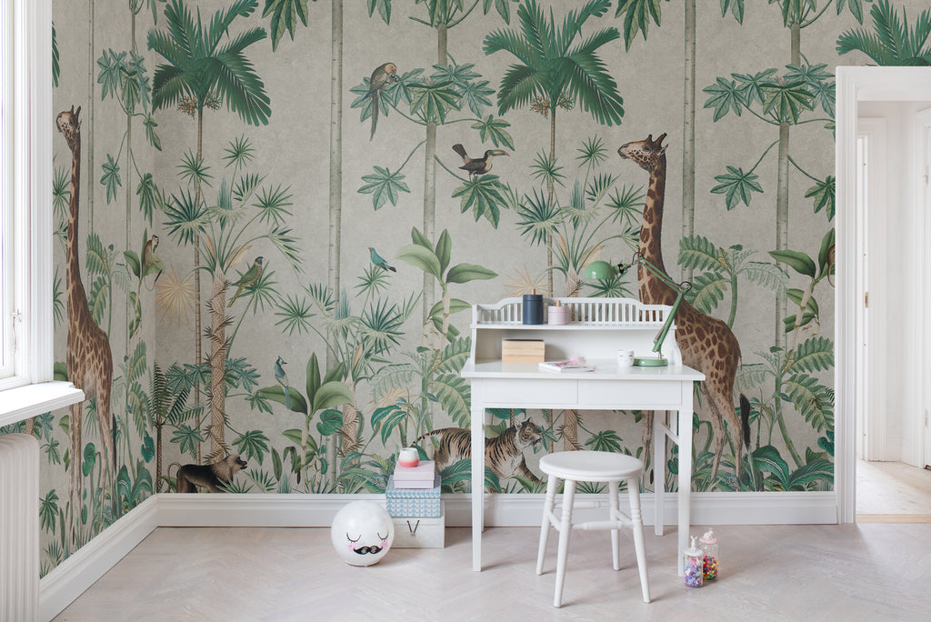 A Walk in the Jungle, Mural Wallpaper in white as seen on a wall of a child’s study room with a white study table and stool