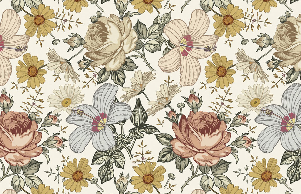 Adora, Vintage Floral Mural Wallpaper in Sand close up