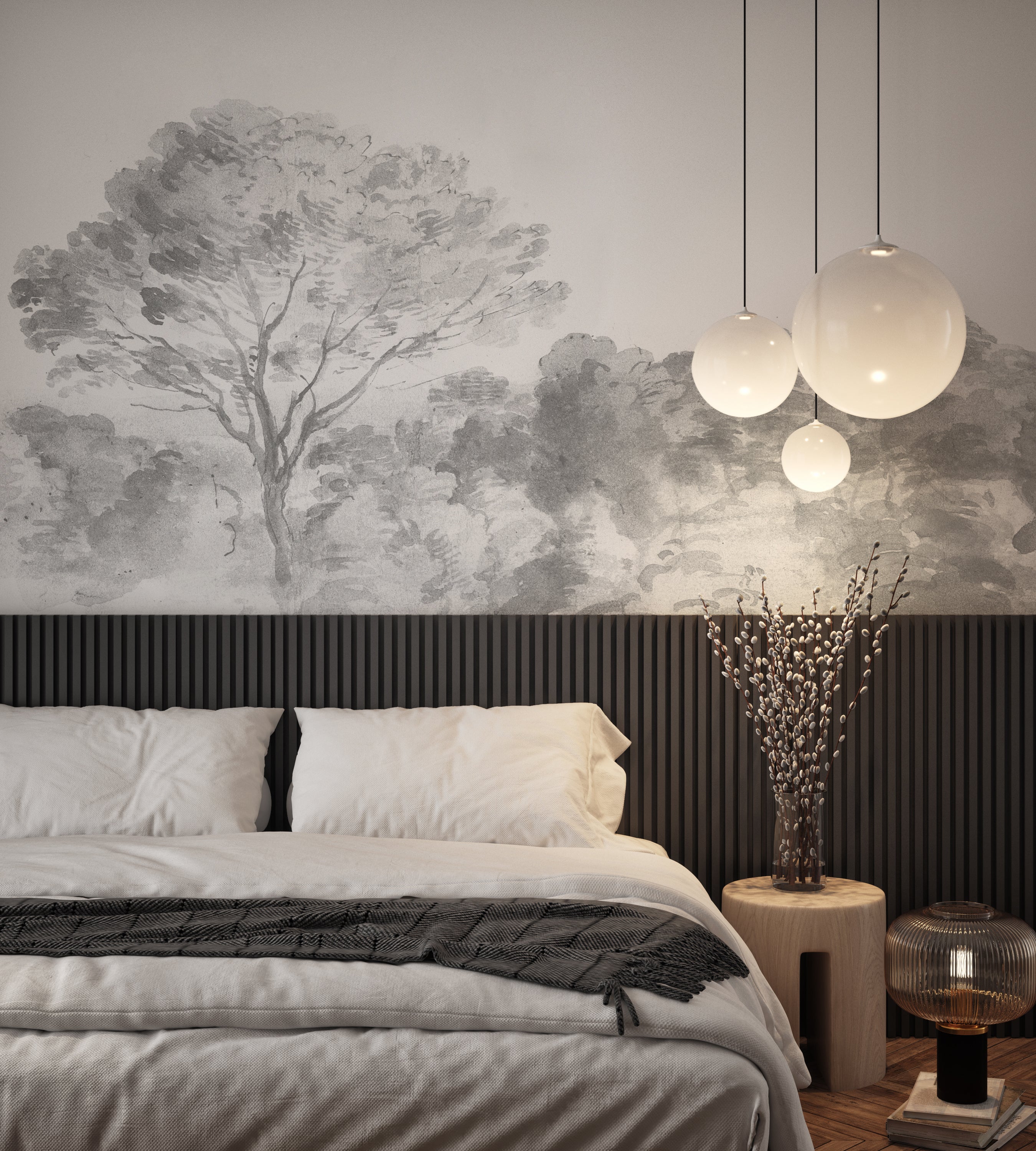 An Old World Arboretum, Watercolour Mural Wallpaper in Black & White in Master Bedroom