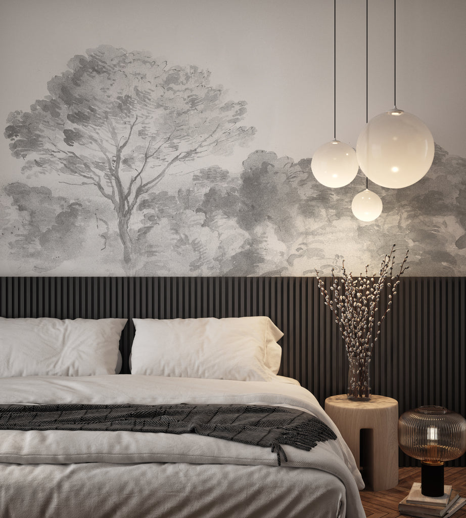 An Old World Arboretum, Watercolour Mural Wallpaper in Black & White in bedroom