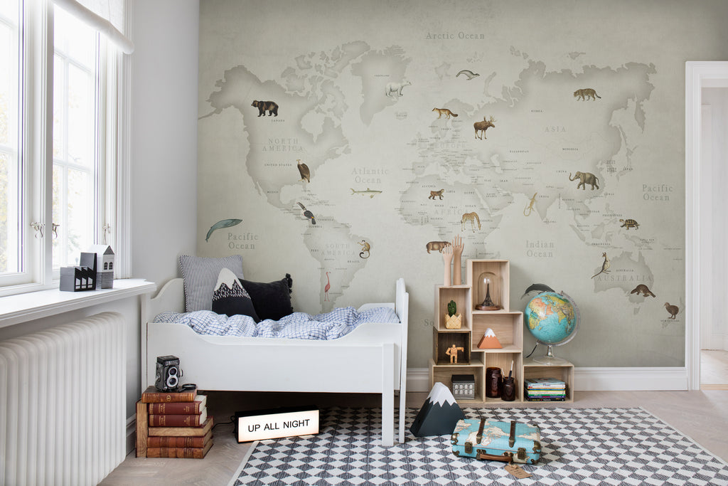 Animal Atlas, World Map Mural Wallpaper in kids bedroom with white bed and black white carpet