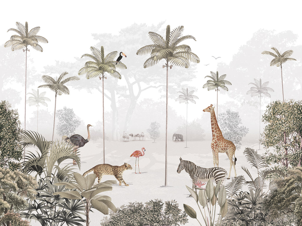 Animal Paradise, Mural Wallpaper in light green close up