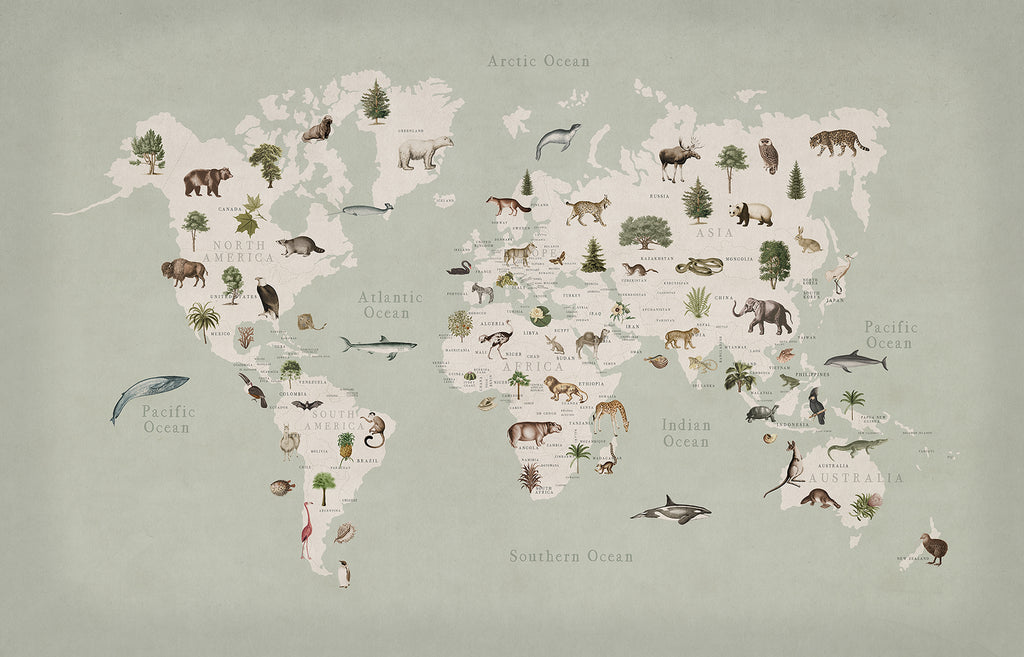 Animal World, World Map Mural Wallpaper in green with variety of animals