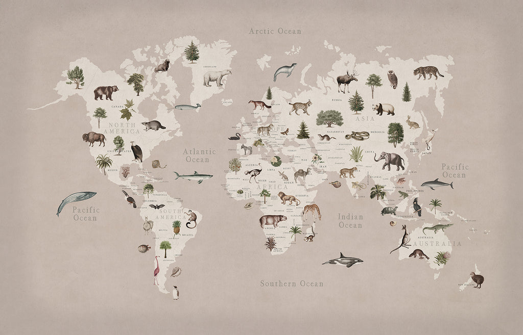 Animal World, World Map Mural Wallpaper in nude with variety of animals