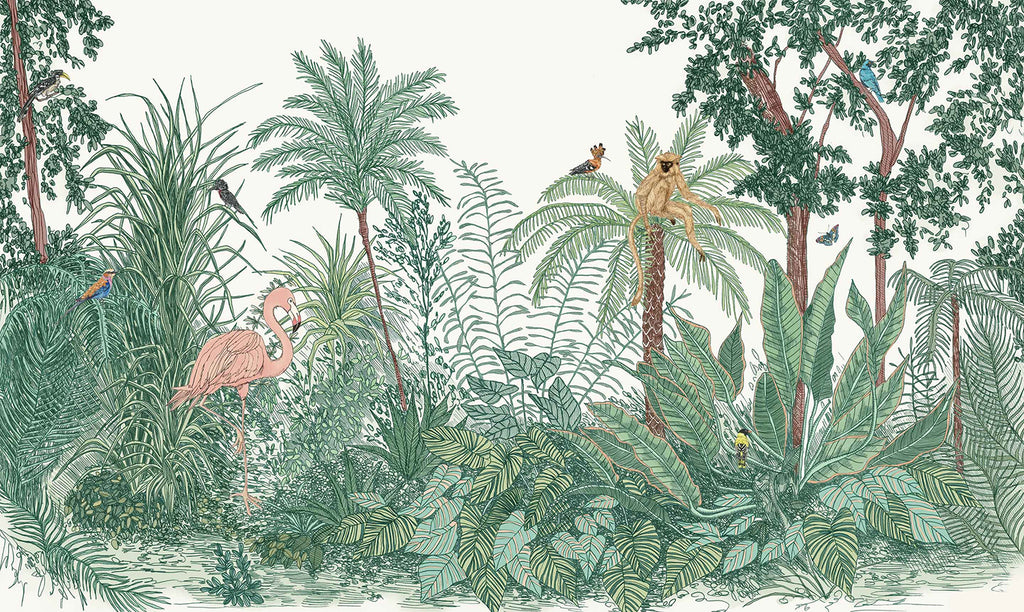 Ara and Friends, Jungle Mural Wallpaper in Forest Green close up 