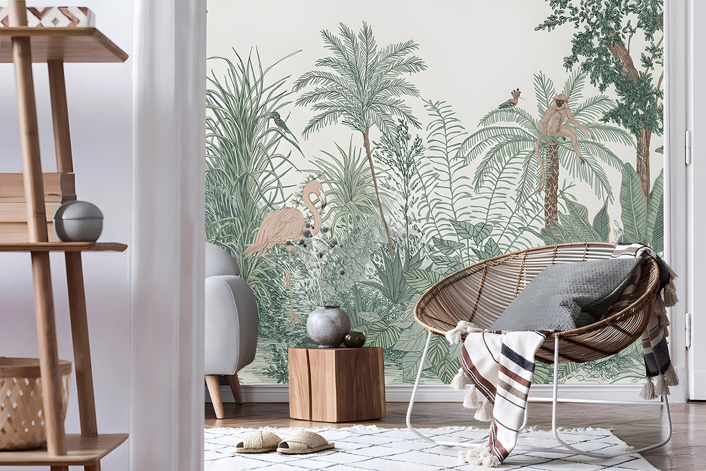 Ara and Friends, Jungle Mural Wallpaper in Forest Green featured on a wall of a room as seen with a modern rattan chair and wooden side storage with ceramics on top. 