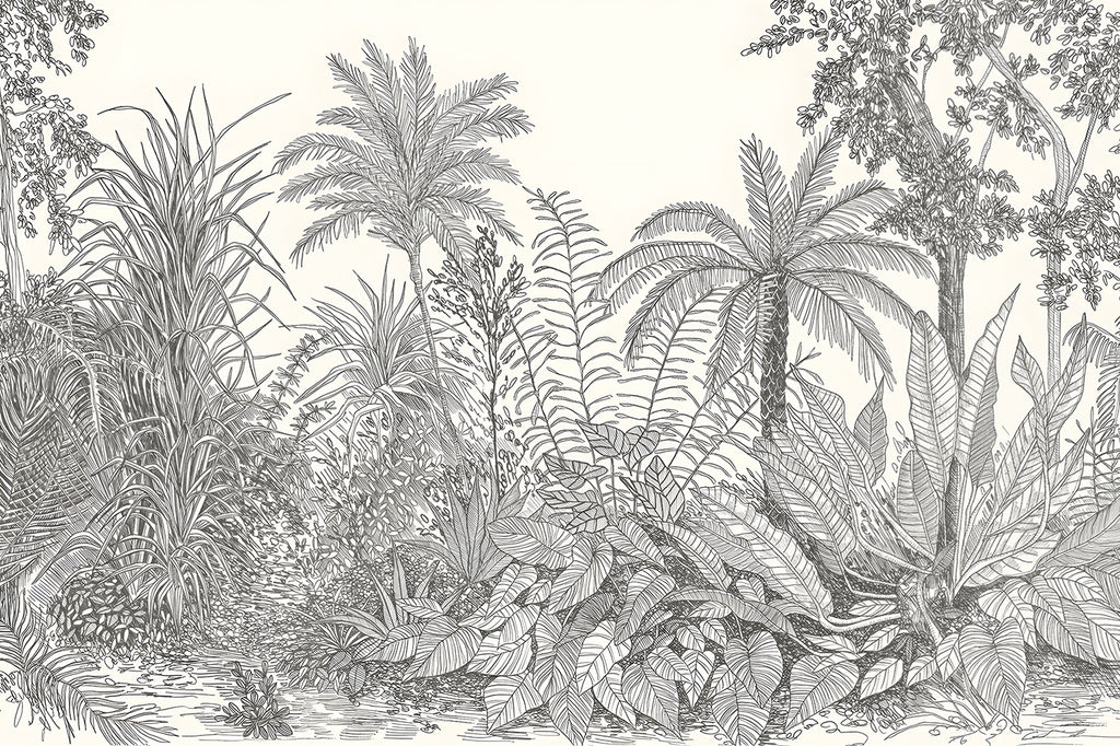 Ara's Jungle, Tropical Mural Wallpaper in Dark Grey close up 