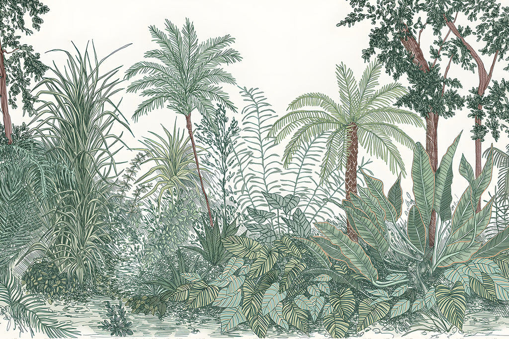 Ara's Jungle, Tropical Mural Wallpaper in Green close up 