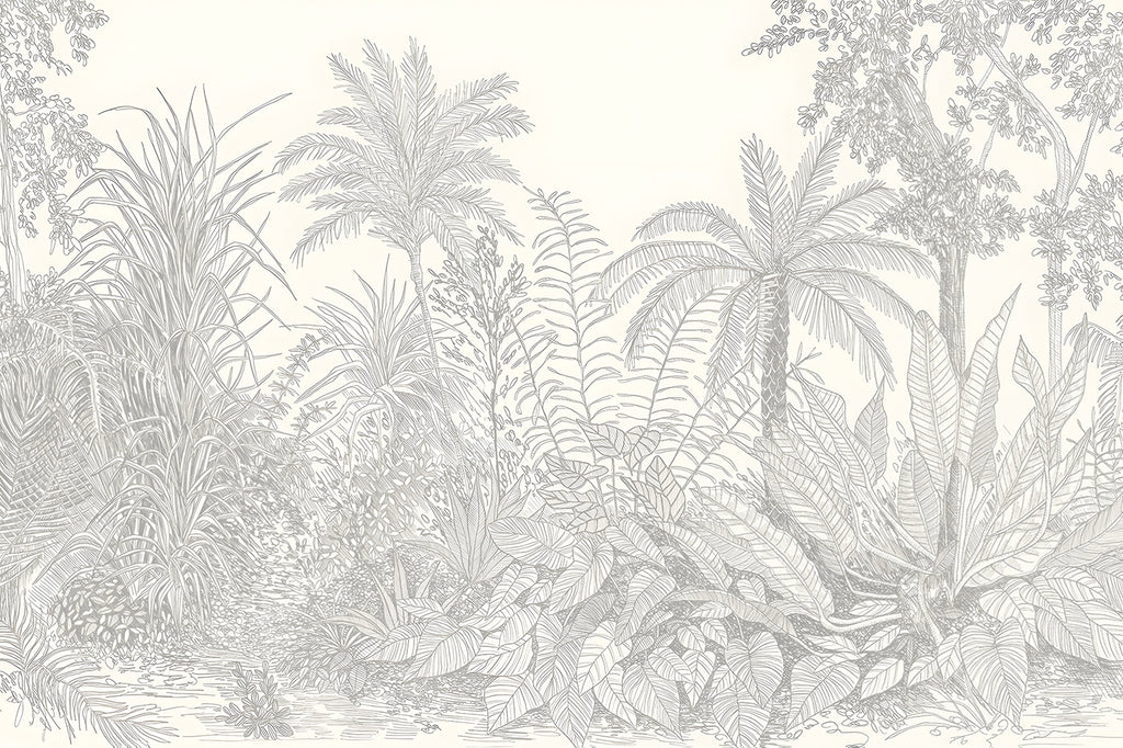 Ara's Jungle, Tropical Mural Wallpaper in Grey close up 