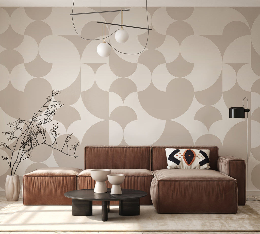 Arcadian Harmony, Geometric Wallpaper in beige colourway featured on a wall of a living area