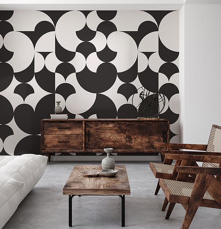 Arcadian Harmony, Geometric Wallpaper in black colourway featured on a wall of a living area