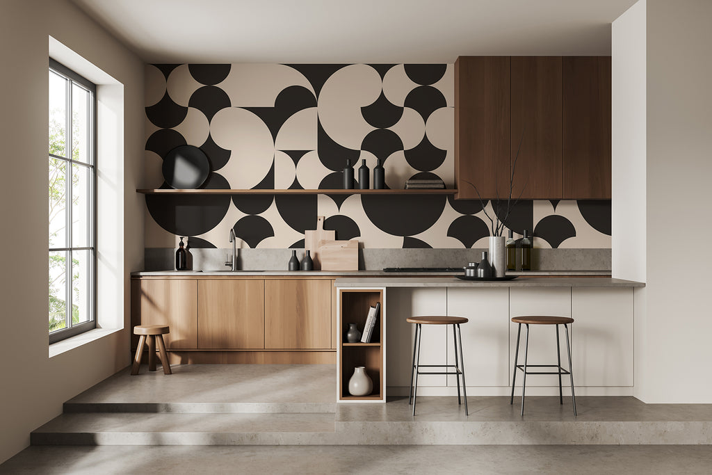 Arcadian Harmony, Geometric Wallpaper in black colourway featured on a wall of a modern and well-lit kitchen