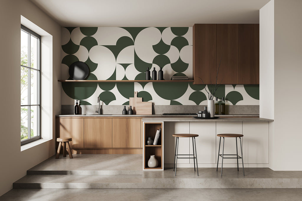 Arcadian Harmony, Geometric Wallpaper in green colourway featured on a wall of a modern and well-lit kitchen