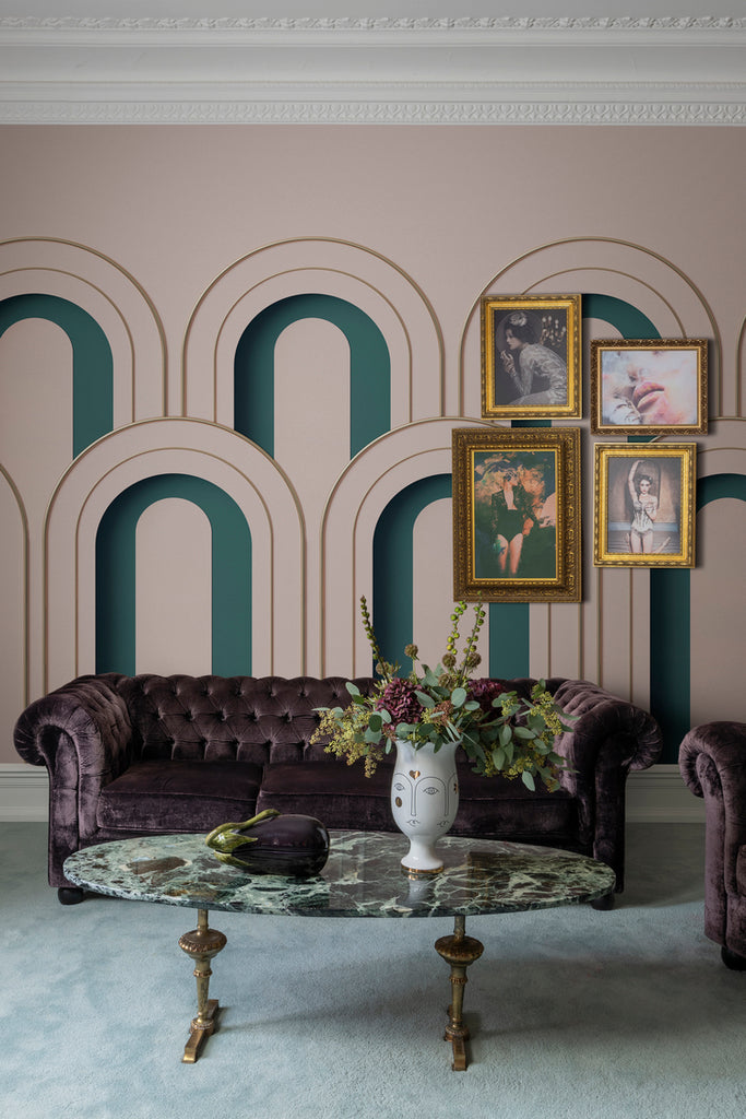 Arch Decor, Geometric Wallpaper featured on a wall of living area with a vintage brown sofas and glass oval table