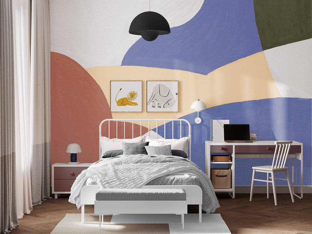 Artist Palette, Pattern Mural Wallpaper in bold colourway featured on a wall of a bedroom