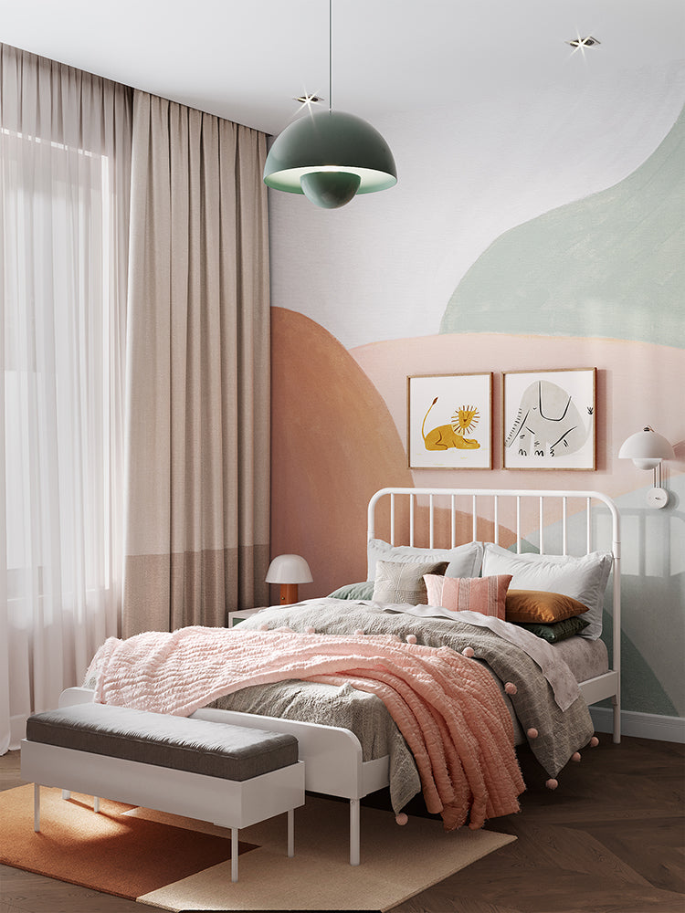 Artist Palette, Pattern Mural Wallpaper in soft colourway featured on a wall of a bedroom
