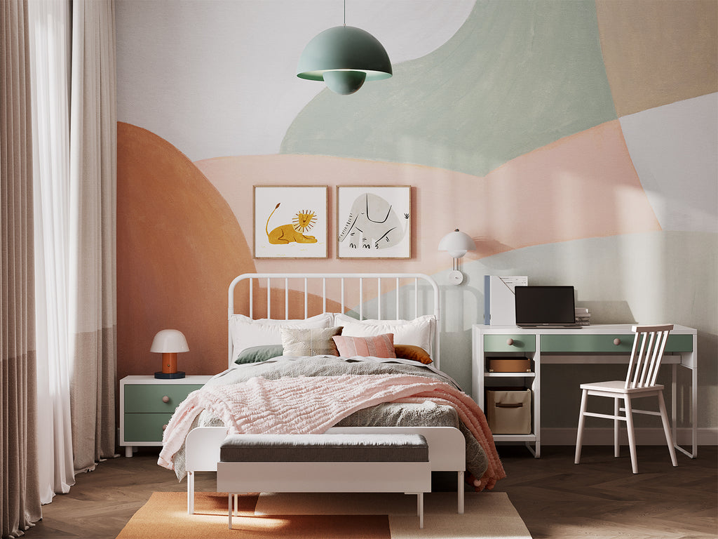 Artist Palette, Pattern Mural Wallpaper in soft colourway featured on a wall of a bedroom