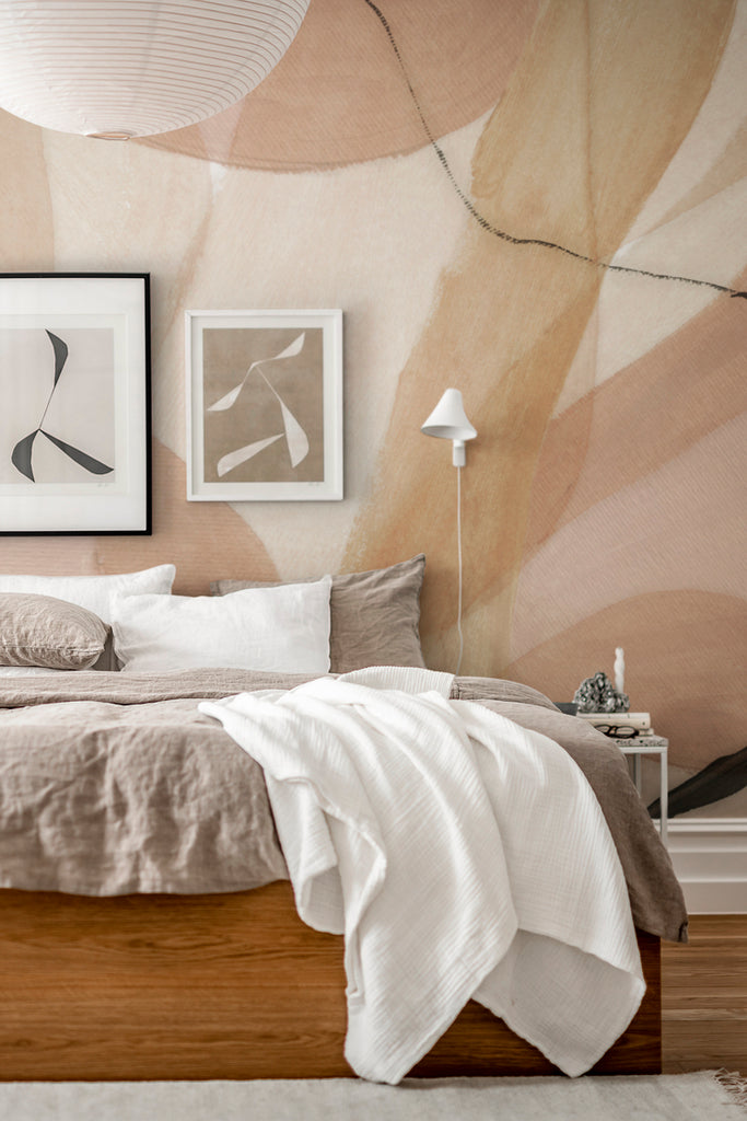 Closed up Asana, Abstract Mural Wallpaper in pink featured on the wall of a cozy bedroom