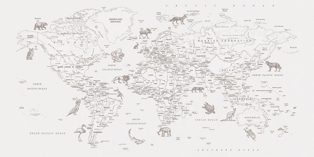 Atlas Jungle, World Map Mural Wallpaper in Antiquel Closeup