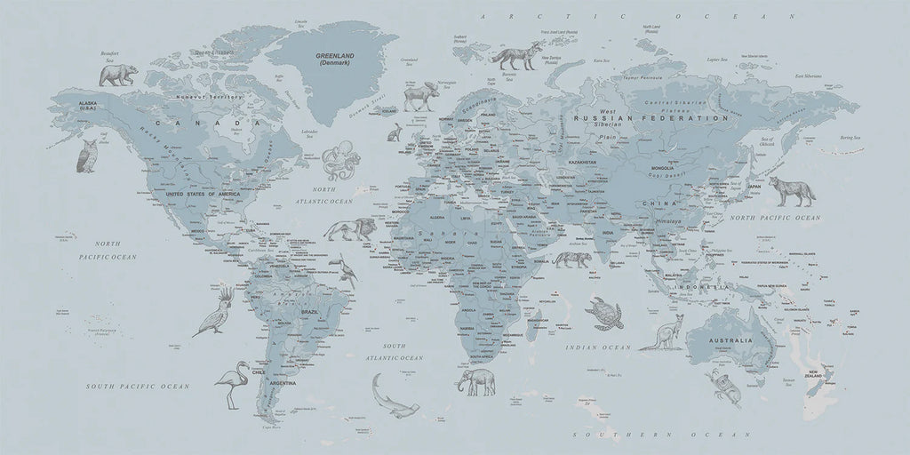 Atlas Jungle, World Map Mural Wallpaper in Blue Closeup