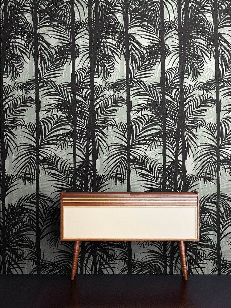 Bamboo, Tropical Pattern Wallpaper in Dark Grey featured in a wall of a room with a vintage stereo system