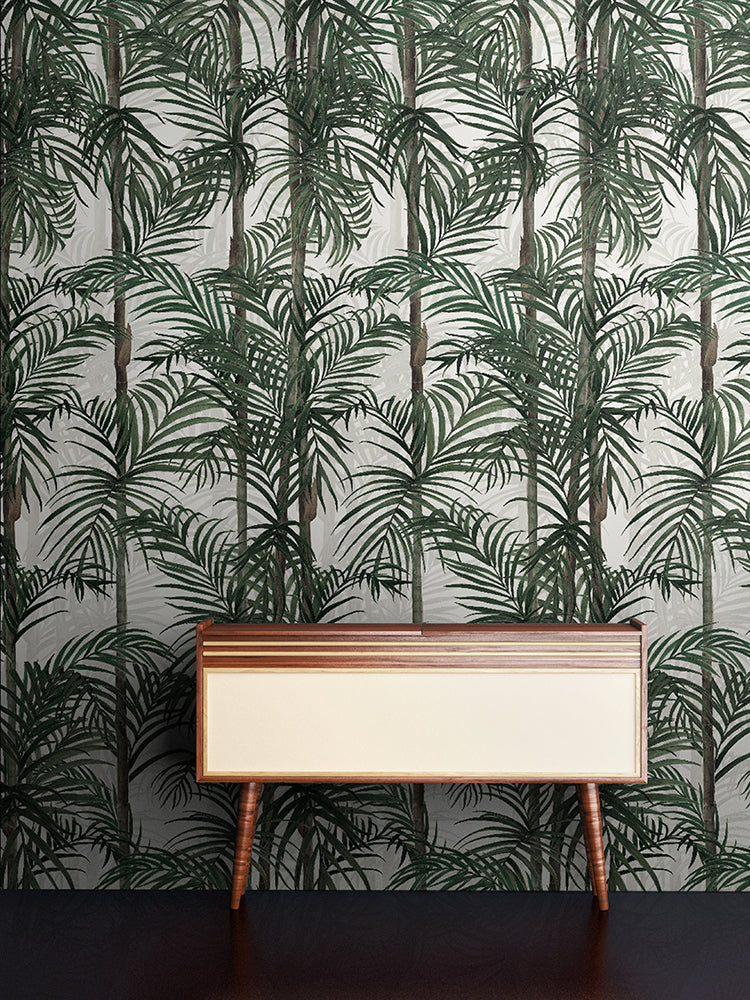 Bamboo, Tropical Pattern Wallpaper in Forest Green featured in a wall of a room with a vintage stereo system