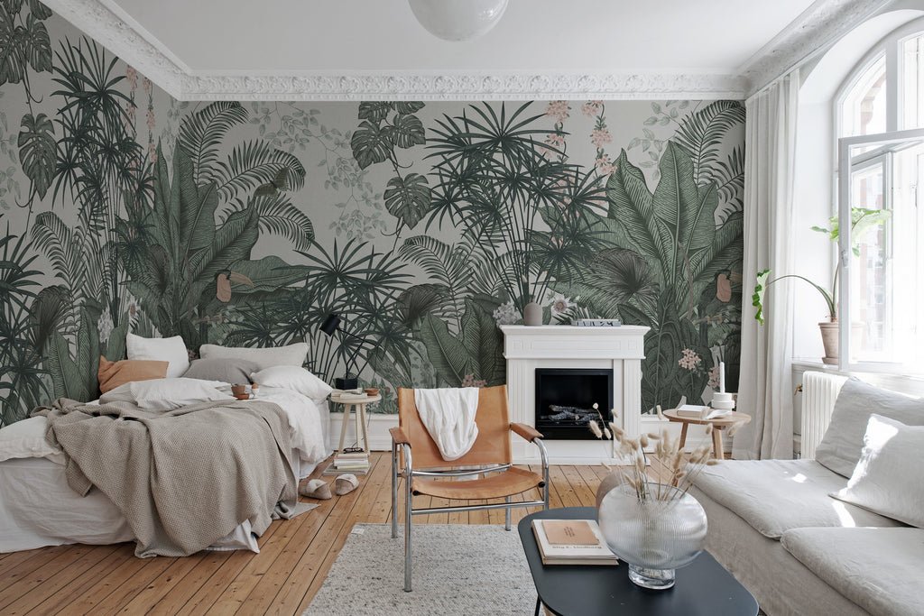 Big Furada, Tropical Mural Wallpaper in white featured on a wall of a bedroom adjacent to a window giving the room a cozy look 