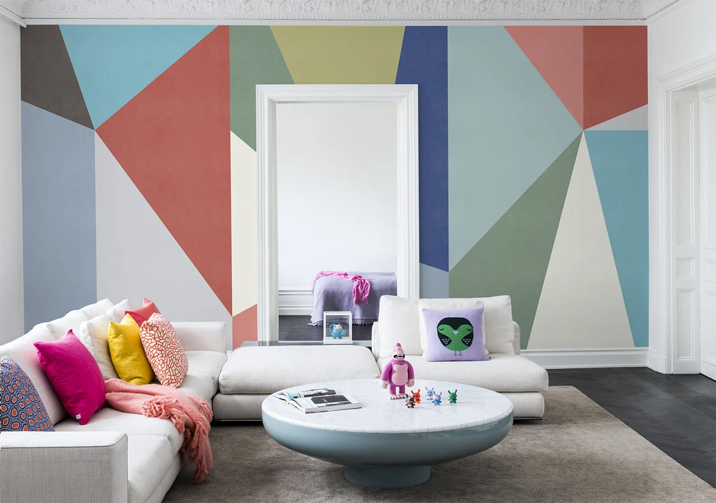 Big Summer Diamond, Mural Wallpaper featured on a wall of a living area with a round glass table, white sofa, and multicolored pillows