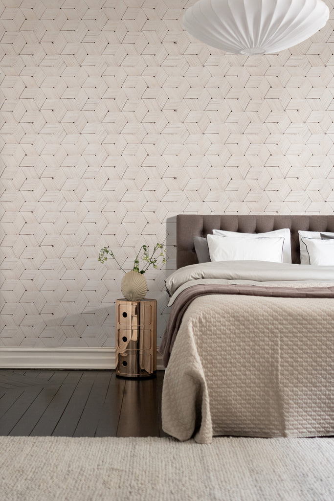 Birch Bark Braids in White, Pattern Wallpaper featured on a wall of a bedroom with brown accent that matches the aesthetics
