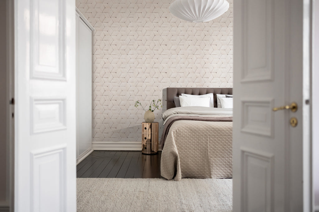 Birch Bark Braids in White, Pattern Wallpaper featured on a wall of a bedroom with brown accent that matches the aesthetics