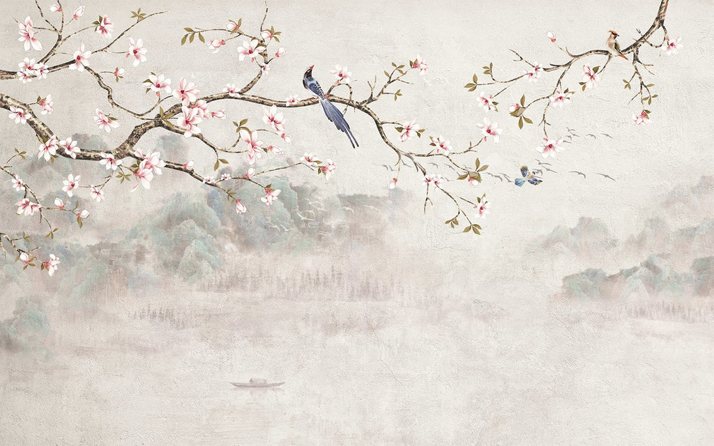 Bird Tree, Pastel Mural Wallpaper close up