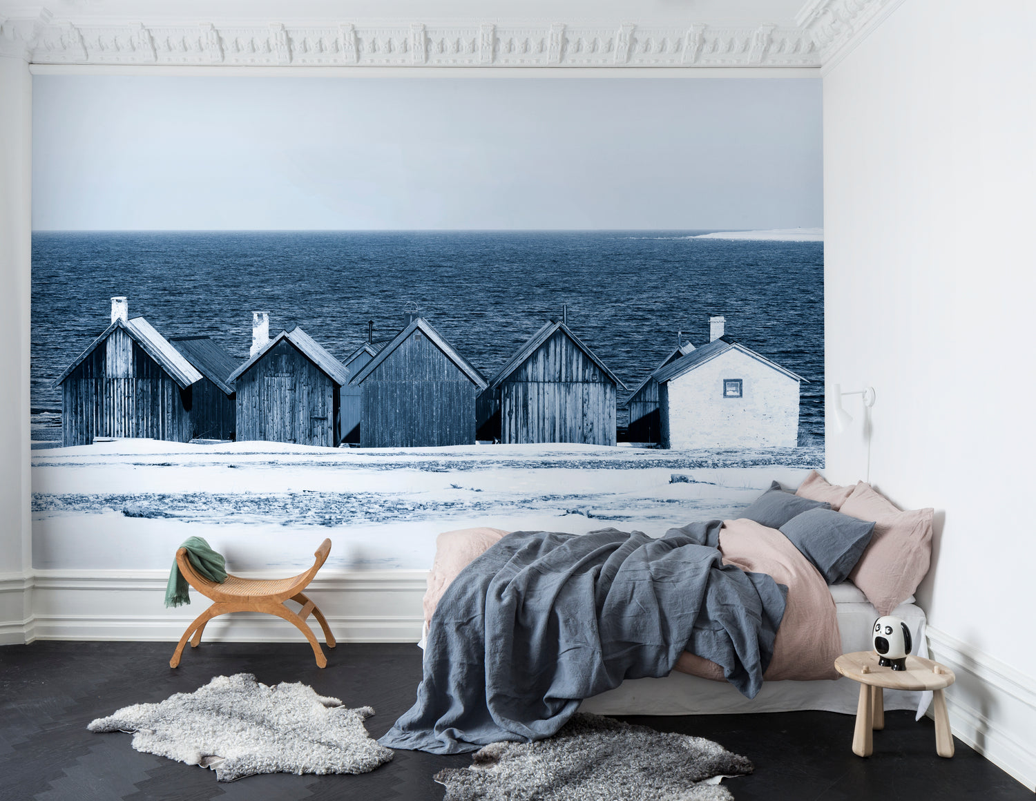 Boathouse Blues Landscape Wallpaper in bedroom