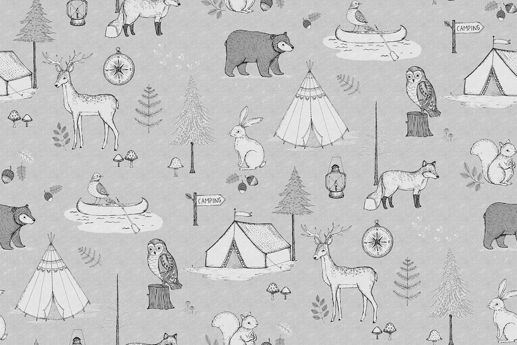 Camping Trip in Grey, Animal Pattern Wallpaper close up