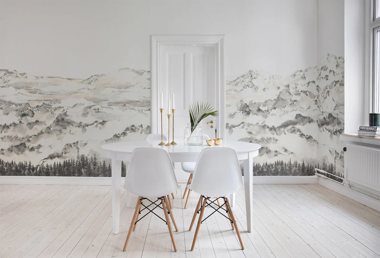 Carol Mountain Landscape Mural Wallpaper in a dining room.