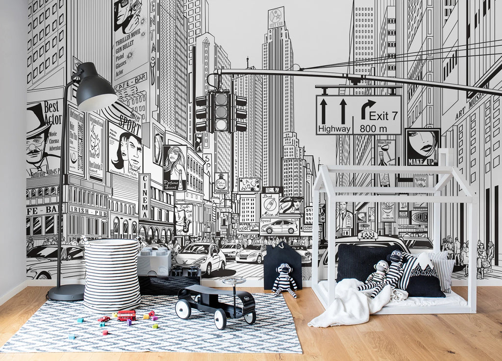 Cartoon City, Black & White Mural Wallpaper in a kids bedroom with toys and floor bed