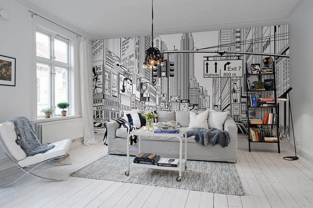 Cartoon City, Black & White Mural Wallpaper in living room with sofa and book shelf