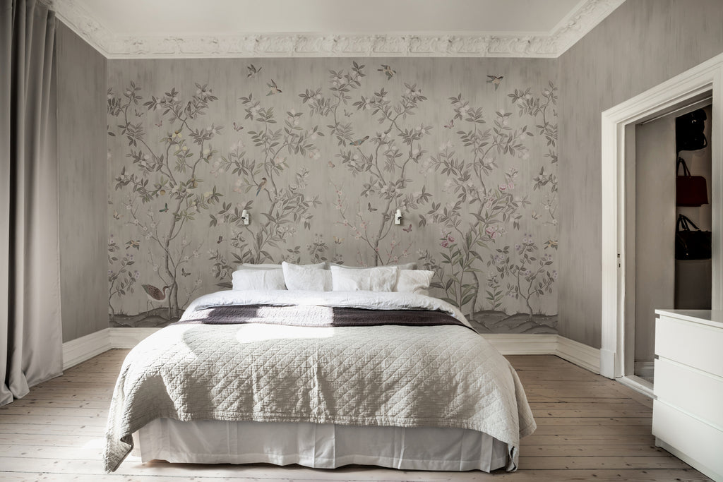 Chinoiserie Forest, Mural Wallpaper in Sand featured in a well-lit Bedroom with white pillows, cushion and throwover