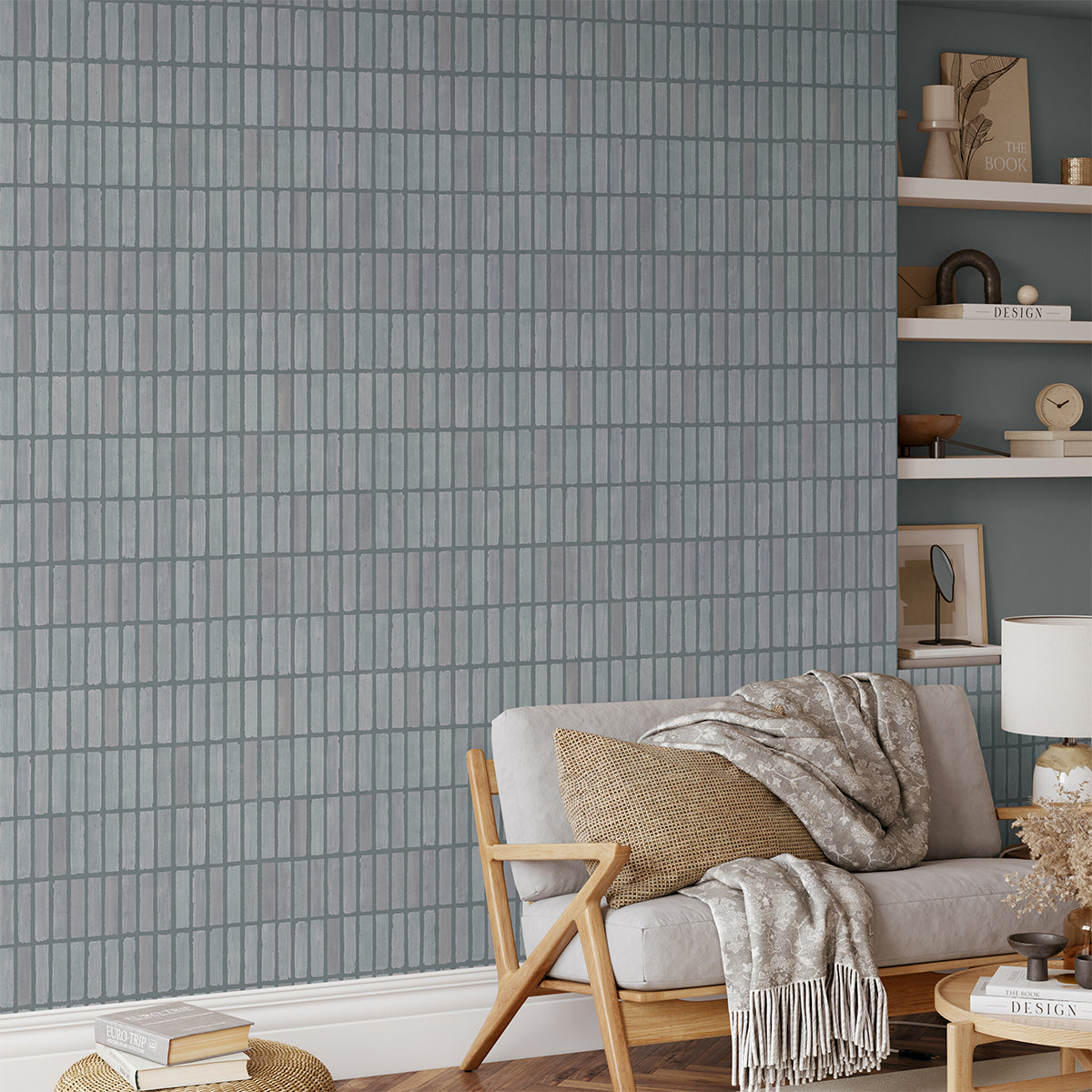 Chromatic Brush Strokes Pattern Wallpaper in Blue in Reading Room