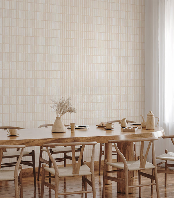 Terra Tessel, Pattern Wallpaper featured on a wall of a dining area with wooden tables and chairs, and kitchenwares that matches the aesthetics