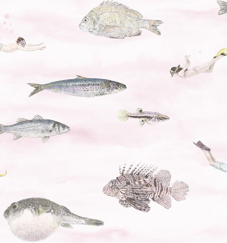 Classic Fish, Pattern Wallpaper in Pink close up 