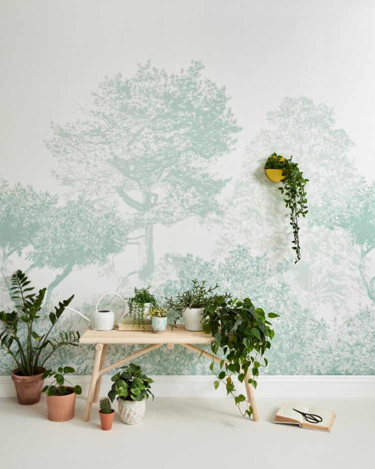 Classic Mua, Mural Wallpaper in Green sets a serene and elegant indoor setting with a detailed design of trees and foliage, a wooden bench with various potted plants, a yellow wall-mounted planter with trailing green plants, and an open book on the floor.